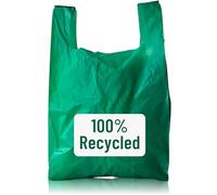 PWgoods 100% Recycled Carrier Bags - Green Plastic Bag, Large 11 x 17 x 21, Medium Duty 18mu, 100 Pack, Easy Tie Handles, Takeaway Shopping Retail Grocery Bin