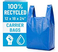 PWgoods 100% Recycled Plastic Carrier Bags - Blue, Jumbo 12 x 18 x 24, Heavy Duty 28mu, 1000 Pack, Easy Tie Handles, Takeaway Shopping Retail Grocery Bin Bag