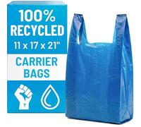 PWgoods 100% Recycled Plastic Carrier Bags - Blue, Large 11 x 17 x 21, Heavy Duty 22mu, 1000 Pack, Easy Tie Handles, Takeaway Shopping Retail Grocery Bin Bag