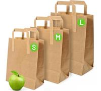 PWgoods Brown Paper Bags with Handles - Small 8 x 7 x 3.5", 250 Pack, 80gsm Kraft Material, Takeaway Lunch Grocery Shopping Gift Party