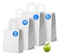 PWgoods White Paper Bags with Handles - 100 Pack, Large 14 x 10 x 4.5, Twisted Handle Carrier Bag, Retail Lunch Party Gift