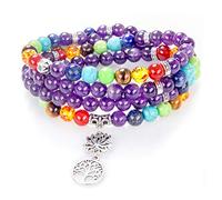 PWMENLK 108 Mala Beads Necklace 7 Chakra Buddhist Prayer Beaded Bracelet Tree of Life Pendant Healing Stone Yoga Necklace, Regular, Stone, natural gemstone