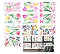 Pwocvoe 10PCS Spring Window Stickers for Glass, Floral Hummingbird Butterfly Easter Window Stickers, Double-Side PVC Window Decal Tulips Iris Flower Window Clings