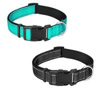 PWOD 2 Pcs Reflective Dog Collar, Adjustable Soft Neoprene Padded Nylon Pet Collars with Buckle for Puppy and Small Dogs, Cats, Teal/Black,XS