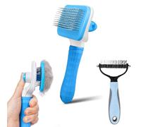 PWOD Dog & Cat Brush Kit 2PCS, Self Cleaning Slicker Brush for Pets, Dog Brush for Shedding Massaging and Grooming, Removes Loose Undercoat & Portable Comb for Long Short Haired Dogs(Blue)