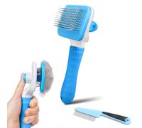PWOD Dog & Cat Brush Kit 2PCS, Self Cleaning Slicker Brush for Pets, Upgraded Dog Brush for Shedding Massaging and Grooming, Removes Loose Undercoat & Portable Comb for Long Short Haired Dogs(Blue)