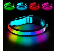 PWOD LED Dog Collar, Light Up Dog Collar USB Rechargeable, Nylon Adjustable Comfortable Soft Bright 7 Colors Safety Light Glowing Collar for Small, Medium and Large Dogs(Medium,Blue)