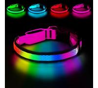 PWOD LED Dog Collar, Light Up Dog Collar USB Rechargeable, Nylon Adjustable Comfortable Soft Bright 7 Colors Safety Light Glowing Collar for Small, Medium and Large Dogs(Medium,Pink)