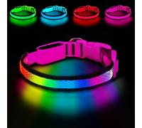 PWOD LED Dog Collar, Light Up Dog Collar USB Rechargeable, Nylon Adjustable Comfortable Soft Bright 7 Colors Safety Light Glowing Collar for Small, Medium and Large Dogs(Small,Pink)