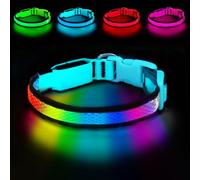 PWOD LED Dog Collar, Light Up Dog Collar USB Rechargeable, Nylon Adjustable Comfortable Soft Bright 7 Colors Safety Light Glowing Collar for Small, Medium and Large Dogs(Large,Blue)