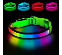 PWOD LED Dog Collar, Light Up Dog Collar USB Rechargeable, Nylon Adjustable Comfortable Soft Bright 7 Colors Safety Light Glowing Collar for Small, Medium and Large Dogs(Large,Green)
