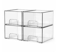 PWRco Acrylic Makeup Storage Drawers -Clear Stackable Cosmetic Organiser with Pull-Out Drawers, Anti-Slip Vanity & Skincare Storage Box for Bathroom, Under Sink Kitchen Pantry Cupboard Desktop- 4 PACK