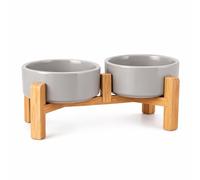 PWRco Elevated Dog Bowls SMALL 13cm 395ml- Raised Ceramic Dog Cat Bowl with Non-Slip Bamboo Stand Single Twin Food Water Feeding Station Anti Vomit Dishwasher Safe Black White Grey (Twin/Grey)