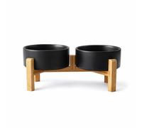 PWRco Elevated Dog Bowls SMALL 13cm 395ml- Raised Ceramic Dog Cat Bowl with Non-Slip Bamboo Stand Single Twin Food Water Feeding Station Anti Vomit Dishwasher Safe Black White Grey (Twin/Black)