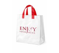PWRco Plastic Takeaway Carrier Bags with Soft Loop Handles, White with Red Print, HDPE Material ReusableTear Resistant Gusseted Flat Bottom for Carryout Takeout, 29.5x29x13cm, 25pc (100 250 500) Pack