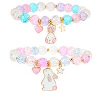 Pwsap 2PCS Colorful Bunny Charm Bracelets for Girls, Cute Easter Bunny Rabbit Crystal Bracelet with Elastic, Easter Basket Stuffer Jewelry Gift for Daughter Sister Niece Cousin Best Friends