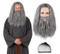 Pwsap 3Pcs Gray Curly Wig for Man Costume with Wig Cap and Beard Men’s Cosplay Synthetic Layered Hair Grey Wigs for Men Women for Costumes Cosplay Halloween Carnival Parties Anime