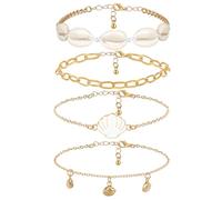 Pwsap 4 Pcs Ankle Bracelets Anklet for Women, Multilayer Vintage Adjustable Classic Chain Ankle Bracelets Boho Foot Bracelet Beach Barefoot Sandal Foot Chain Pearl Anklet Gifts for Girls, Shell