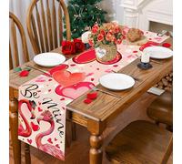 Pwsap Valentine Table Runner, Pink Flamingos Linen Table Runner, Be Mine Proposal Valentine Anniversary Wedding Decor, Seasonal Holiday Kitchen Dining Table Decoration for Indoor Outdoor Home Party