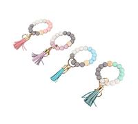 Pwshymi Keychain Bracelet with Silicone Beads, Tassels | Soft silicone material, metal lobster clasp, stylish design, suitable for keys, bags, backpacks