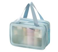 Pwshymi Portable Makeup Bag Double Layer Organizing Travel Toiletry Bag for Cosmetic Essentials PVC Large Size (Blue Large)