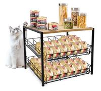 PWSOMJ Bamboo & Iron Cat Food Organizer for Pantry, 2-Tier Can Stackable Storage Rack Holds 48 (3oz) Cans, Flat Top for Extra Storage, Automatic Slide-Down Perfect for Pet Food Cans