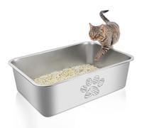 PWTAA Stainless Steel Cat Litter Box High Side Cats Toilet Metal Kitten Litter Pan, Pet Cleaning Tool for Cats, Rabbits, Splash-Proof and Non-Stick Tabby Paw Cat Poop Box odorless 23.6"x15.7"x7.9"