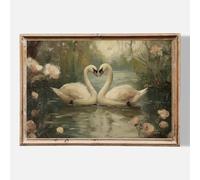 PWTXKAH Abstract Swan Wall Art Vintage Flower Prints White Birds Wall Art Vintage Swans Poster Victorian Swan Artwork Pink Flower Painitng White Bird Artwork Elegant Bird Painting 24x16inch Frameless