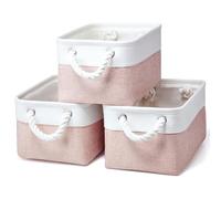 PWVMWM Small Storage Box With Handles, Small Storage Baskets As Gift Basket for Toys Towels Makeup, Folding Canvas Fabric Material Storage Box for Dog Cat Toy Box, 31 X 21 X 16 cm (White Pink-3pack)
