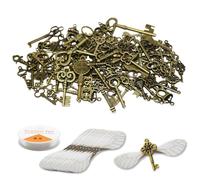 PXBSNB 125 PCS Vintage Skeleton Keys, Bronze Vintage Key Charms with 50 Pairs Dragonfly Wings and 13m Elastic Crystal String, Key Pendant Set for DIY Jewelry Making Room Decorations Party Favours