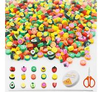 PXBSNB 200 PCS Fruit Polymer Clay Beads, 15 Style Mixed Spacer Bead, Cute Flat Clay Beads Charms with Crystal String, Fruit Bracelet Making Kit for Bracelet Necklace Earrings