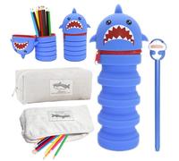 PXBSNB Pack of 2 Pencil Cases, 2 in 1 Made of Silicone Shark Pencil Case, Stand Up Telescopic Table Pen Holder, Pencil Bag with Zip, Kawaii Cartoon Cosmetic Bag for Girls Boys, blue, grey, Foldable