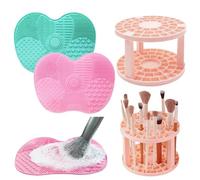 PXBSNB Pack of 3 Silicone Make Up Brush Cleaning Mat, Makeup Brush Scrubber Mat, Portable Make Up Brush Cleaner with Suction Cup (Green, Pink)