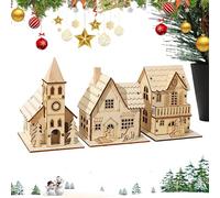 Pxcewdcx LED Christmas Houses, 3 Pieces Wood Christmas Village Houses Set, ChristmasHouse Figurines Decoration, Cabin Craft Decorations, Wooden Church And Village Scene Illuminated With LED Lights
