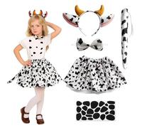 PXDUCN Cow Costume, Halloween Costume, 5 Pcs Girls Fancy Dress Set for Kids Including Headband, Bow, Tail, Dress and Stickers, Animal Fancy for Halloween, Themed Parties, Role Playing