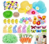PXDUCN Easter Bonnet Kit,150Pcs DIY Easter Decorations with Bonnet Hat,Chicks,Bunny, Carrots,Eggs,Nests,Grass,Flower,Sticker,Butterfly,Easter Craft Kit Gifts for Kids