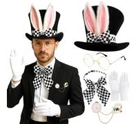 PXDUCN Mad Hatter Costume, Halloween Costumes, 5 Pcs White Rabbit Costume Accessories Cosplay Prop Includes Hat with Bunny Ears, for Halloween Accessories Decorations Christmas Carnival