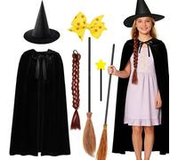 PXDUCN Witch Costume, Halloween Costumes, 6 Pcs Costume Set with Witch Hat, Cape, Broom, Magic Wand, Hair Clip and Braids, for Attending Halloweens and Parties Use by Those Aged 15 and Above