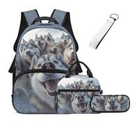 Pxjivorg 4 Pcs Husky Kids Backpack Lunch Box with Pencil Case Keychain for Boys 6-8 1st Grade/ 2nd Grade/ 3rd Grade Elementary School Students