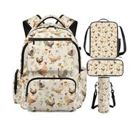 Pxjivorg Elementary School Bookbag with Lunch Box Vintage Chicken Kids Backpack Set for Girls Cute Backpacks for Girls 6-8 8-10 Lightweight School Bag with Zipper Side Pockets 4 in 1 Set