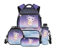 Pxjivorg Purple Starry Axolotl Backpack for Girls 8-10, Large Capacity Bookbag Set with Lunch Tote, Pencil Case & Bottle Pocket for School Travel