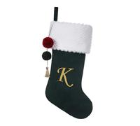 Pxniy 19.5 inches Personalized Velvet Christmas Stocking,Initials Embroidered Letter Christmas Stocking with pom poms, for Fireplace Hanging Decor and Xmas Gift(Green K)