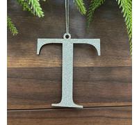 Pxniy Silver Monogram Christmas Ornament, 4.8 x 3.5 inch Wooden Initial Letter, Holiday Tree Decoration and Stocking Tag (T)