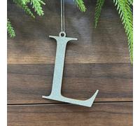 Pxniy Silver Monogram Christmas Ornament, 4.8 x 3.5 inch Wooden Initial Letter, Holiday Tree Decoration and Stocking Tag (L)