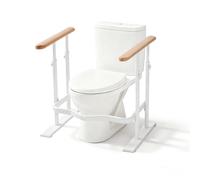 PXNTLA Toilet Safety Rails for Seniors - Toilet Safety Frame with Dual Pillars, Waterproof Nighttime Reflective Base, 3-Speed Height Adjustment, Wood Toilet Safety Frames & Rails Fits Most Toilets