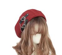 PXPLDYY Beret Hat Women Beret Harajuku Lolita Painter Hat Jk Hat Girl Beret Cute Pu Chain Heart Love Kawaii Women Hat Accessories,Red,One Size