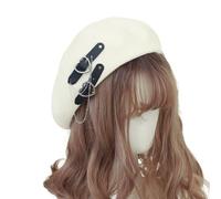 PXPLDYY Beret Hat Women Beret Harajuku Lolita Painter Hat Jk Hat Girl Beret Cute Pu Chain Heart Love Kawaii Women Hat Accessories,Beige White,One Size