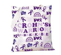 PXTIDY Crohn’s Warrior Awareness Gift Crohn’s Warrior Tote Bag Crohn's Disease Purple Ribbon Awareness Shoulder Bag