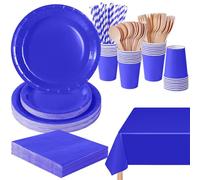 PYAILI 169 Pcs Jewel Blue Party Tableware Set, Paper Plates Cups Napkins Tablecloth, Dinnerware Set for Kids Adult Birthday,Wedding,Baby Shower Party Tableware