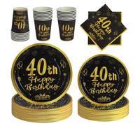PYAILI 96 Pieces Black and Gold Birthday Party Tableware Set | 40th Black and Gold Birthday Party Tableware Paper Plates Set, for Children Birthday Party Table Decoration 24 Guests